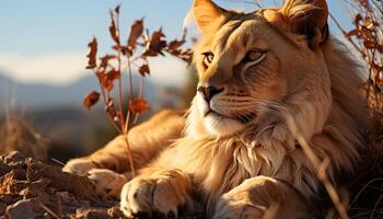 ai généré majestueux Lion repos dans le africain savane, cache dans plaine vue généré par ai photo