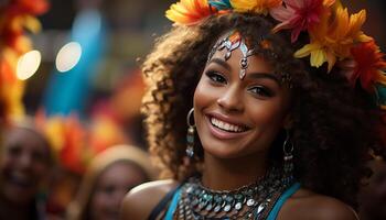 ai généré africain femme souriant, célébrer en plein air, sur de soi dans traditionnel Vêtements généré par ai photo