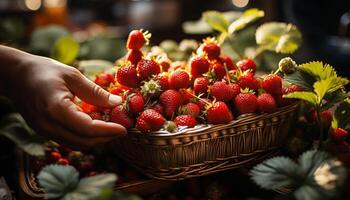 ai généré Frais fraise, biologique et mûr, tenue dans main en plein air généré par ai photo