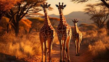 ai généré girafe permanent dans africain savane, à la recherche à caméra, à le coucher du soleil généré par ai photo