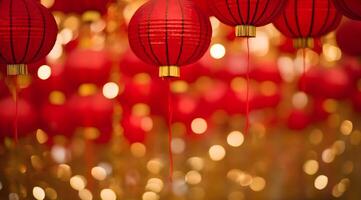 ai généré rouge papier lanternes sur bokeh Contexte pour chinois Nouveau an. photo