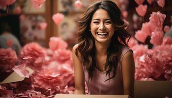 ai généré un magnifique femme séance en plein air, souriant, profiter la nature beauté généré par ai photo