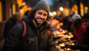 ai généré souriant Hommes en plein air dans hiver, bonheur et chaleur célèbre généré par ai photo