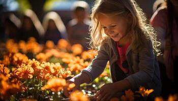 ai généré souriant les filles en plein air, bonheur dans enfance, de bonne humeur nature, mignonne modes de vie généré par ai photo