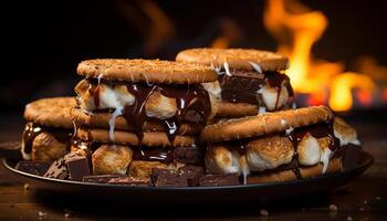 ai généré gourmet dessert foncé Chocolat empiler sur fait maison rustique assiette généré par ai photo