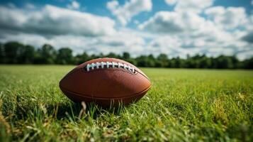 ai généré américain Football Balle sur une vert herbe photo