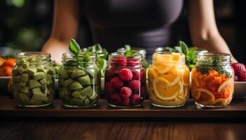 ai généré Frais fruit cocktail sur en bois tableau, en bonne santé et rafraîchissant été boisson généré par ai photo