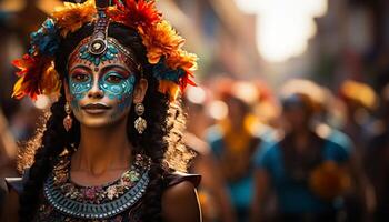 ai généré Jeune femmes dans traditionnel Vêtements souriant à caméra pendant Festival généré par ai photo