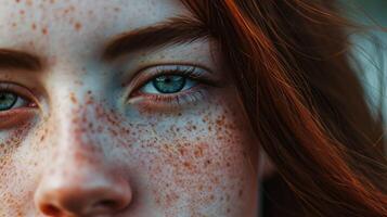 ai généré fermer de une Jeune dame visage avec taches de rousseur. photo