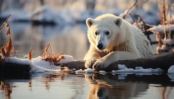 ai généré mignonne Arctique mammifère séance sur glace, à la recherche à caméra généré par ai photo