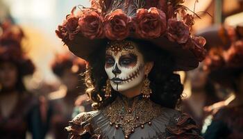 ai généré femmes dans traditionnel Vêtements célébrer Halloween avec effrayant costumes généré par ai photo