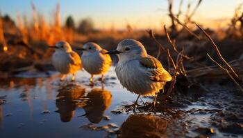 ai généré mouette permanent sur eau, reflétant tranquille le coucher du soleil beauté généré par ai photo