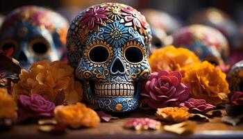 ai généré journée de le mort fête coloré décorations, effrayant crânes généré par ai photo
