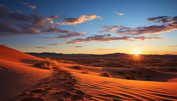 ai généré le coucher du soleil plus de le aride africain paysage, une majestueux région sauvage généré par ai photo