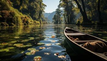 ai généré tranquille scène canoë sur paisible étang, entouré par la nature généré par ai photo