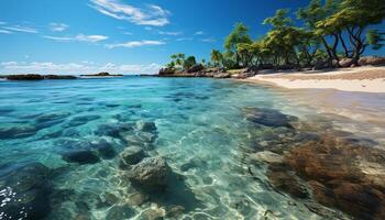 ai généré idyllique tropical littoral, turquoise des eaux, paume des arbres, et tranquillité généré par ai photo