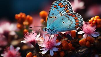 ai généré le vibrant papillon pollinise le rose fleur dans la nature généré par ai photo