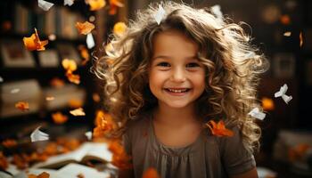 ai généré souriant mignonne fille, joyeux fête, Noël lumières, espiègle enfant généré par ai photo