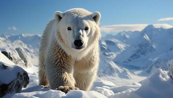 ai généré majestueux Arctique chien en marchant dans neige couvert Montagne paysage généré par ai photo