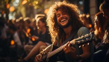 ai généré Jeune adultes séance en plein air, en jouant guitare, profiter le de bonne humeur nuit généré par ai photo