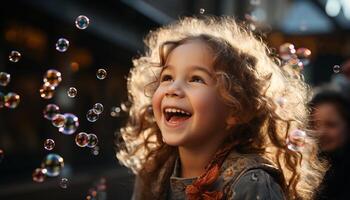 ai généré souriant les filles en jouant en plein air, insouciant enfance, profiter la nature beauté généré par ai photo