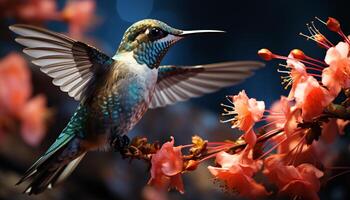 ai généré colibri en volant, vibrant plumes, la nature beauté dans une petit paquet généré par ai photo