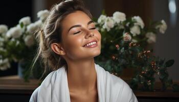 ai généré un magnifique femme, souriant, profiter la nature beauté avec fermé yeux généré par ai photo