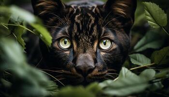 ai généré mignonne chaton en regardant, vert yeux, duveteux fourrure, beauté dans la nature généré par ai photo