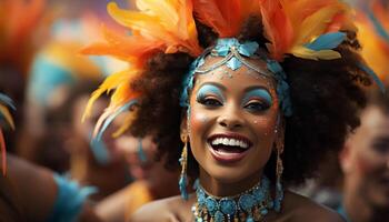 ai généré Jeune femmes dans traditionnel brésilien Vêtements célébrer le coloré carnaval généré par ai photo