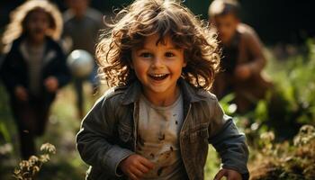 ai généré souriant enfant en plein air, bonheur dans nature, de bonne humeur garçons en jouant généré par ai photo