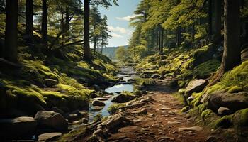 ai généré tranquille scène vert forêt, écoulement eau, majestueux montagnes, paisible région sauvage généré par ai photo