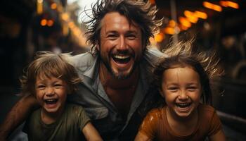 ai généré une content famille, un enfant, en jouant en plein air, souriant ensemble généré par ai photo