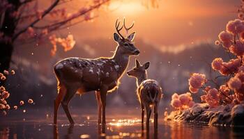 ai généré mignonne cerf permanent dans hiver forêt, reflétant beauté dans la nature généré par ai photo