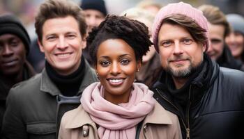 ai généré une de bonne humeur groupe de Jeune adultes souriant en plein air dans hiver généré par ai photo