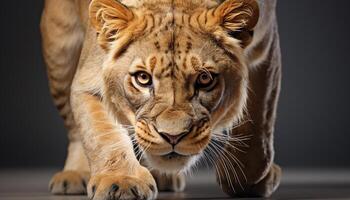 ai généré majestueux lionne en regardant, cache dans plaine savane, alerte et dangereux généré par ai photo