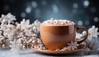 ai généré chaud Chocolat réchauffe le hiver table avec sucré élégance généré par ai photo