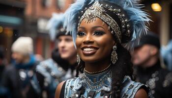 ai généré Jeune adultes dans traditionnel Vêtements souriant à le caméra pendant une de fête parade généré par ai photo