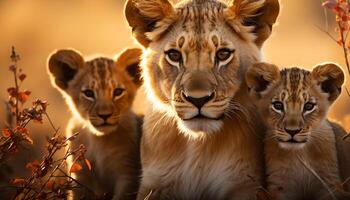 ai généré lionne et lionceau cacher dans herbe, la nature beauté dure généré par ai photo