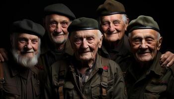 ai généré Sénior Hommes dans militaire uniforme, souriant, célébrer avec camaraderie généré par ai photo