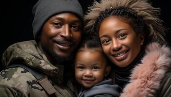 ai généré souriant famille embrasse bonheur, aimer, et unité dans hiver généré par ai photo