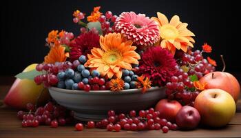 ai généré fraîcheur de la nature multi coloré bouquet, en bonne santé Pomme sur en bois table généré par ai photo