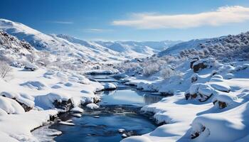 ai généré majestueux Montagne culminer, congelé paysage, tranquille scène, écoulement l'eau généré par ai photo