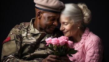 ai généré une marié couple embrasse, en portant une bouquet de tulipes généré par ai photo