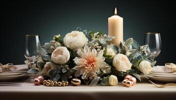 ai généré élégant mariage table avec chandelle, fleur bouquet, et argenterie généré par ai photo