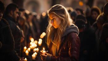 ai généré Jeune femmes souriant en plein air, célébrer hiver nuit avec une flamme généré par ai photo