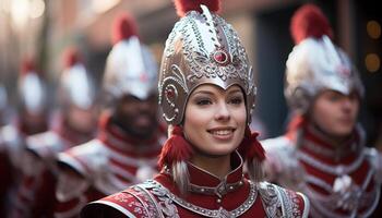 ai généré souriant Hommes et femmes dans traditionnel Vêtements célébrer en plein air généré par ai photo