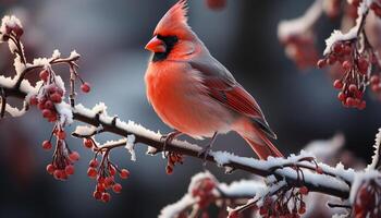 ai généré une vibrant Masculin cardinal perchoirs sur une neigeux branche généré par ai photo