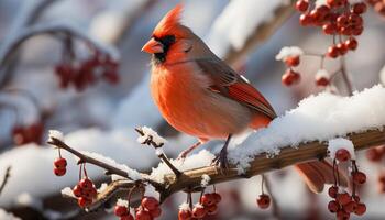 ai généré mignonne bouvreuil se percher sur neige couvert branche dans hiver forêt généré par ai photo