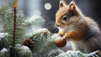 ai généré mignonne duveteux mammifère séance sur neige, à la recherche à cadeau généré par ai photo