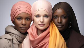 ai généré Trois Jeune femmes, portant hijabs, souriant et à la recherche à caméra généré par ai photo